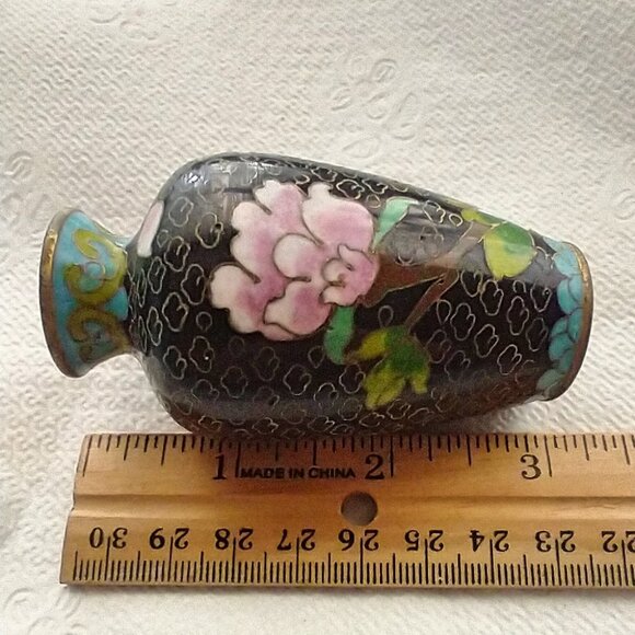 Cloisonne Vase Tiny Vintage Chinese Black Pink Green Blue Floral Design - Picture 8 of 10